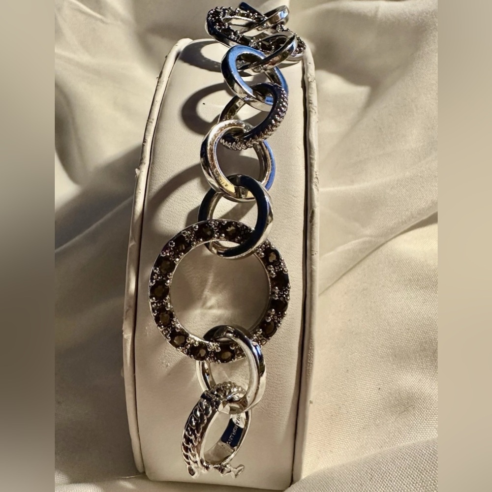 Anthony Nak Atelier 925 Silver Diamonds & Smoky Quartz Circle Bracelet 8” Lot#23